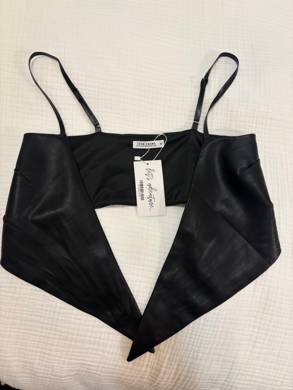 12th Tribe Black Faux Leather Cropped Wrap Top